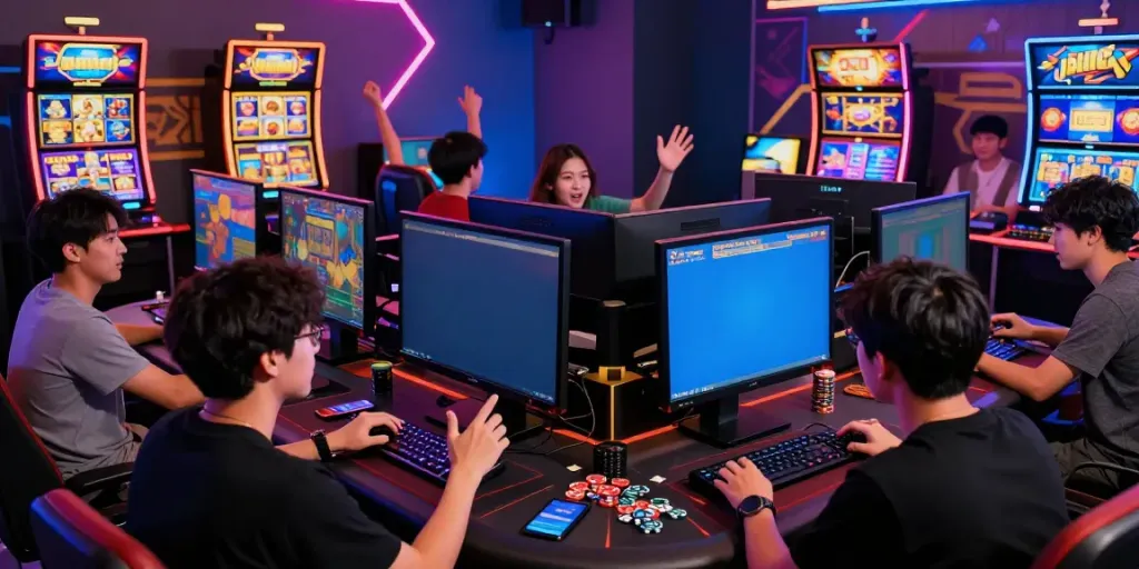 Excited players enjoying slot gacor thailand games in a vibrant gaming lounge.