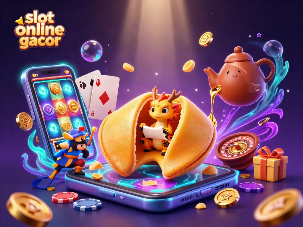 Experience thrilling gameplay with slot online gacor alongside a fantasy scene of fortune cookies and gold.