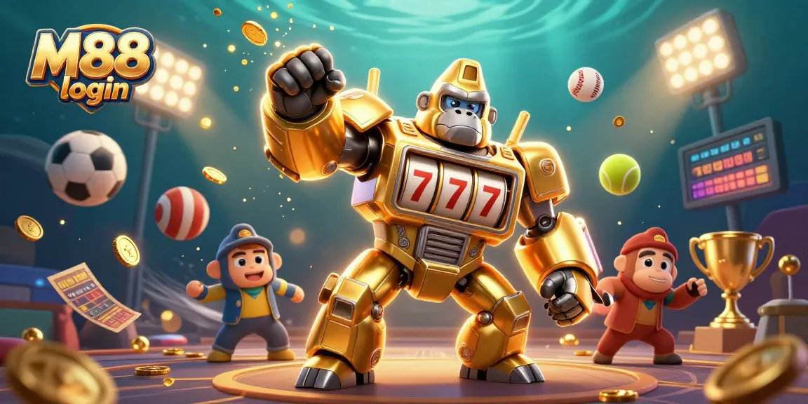 M88 login reveals thrilling casino action with a dynamic gorilla mech and sports elements.