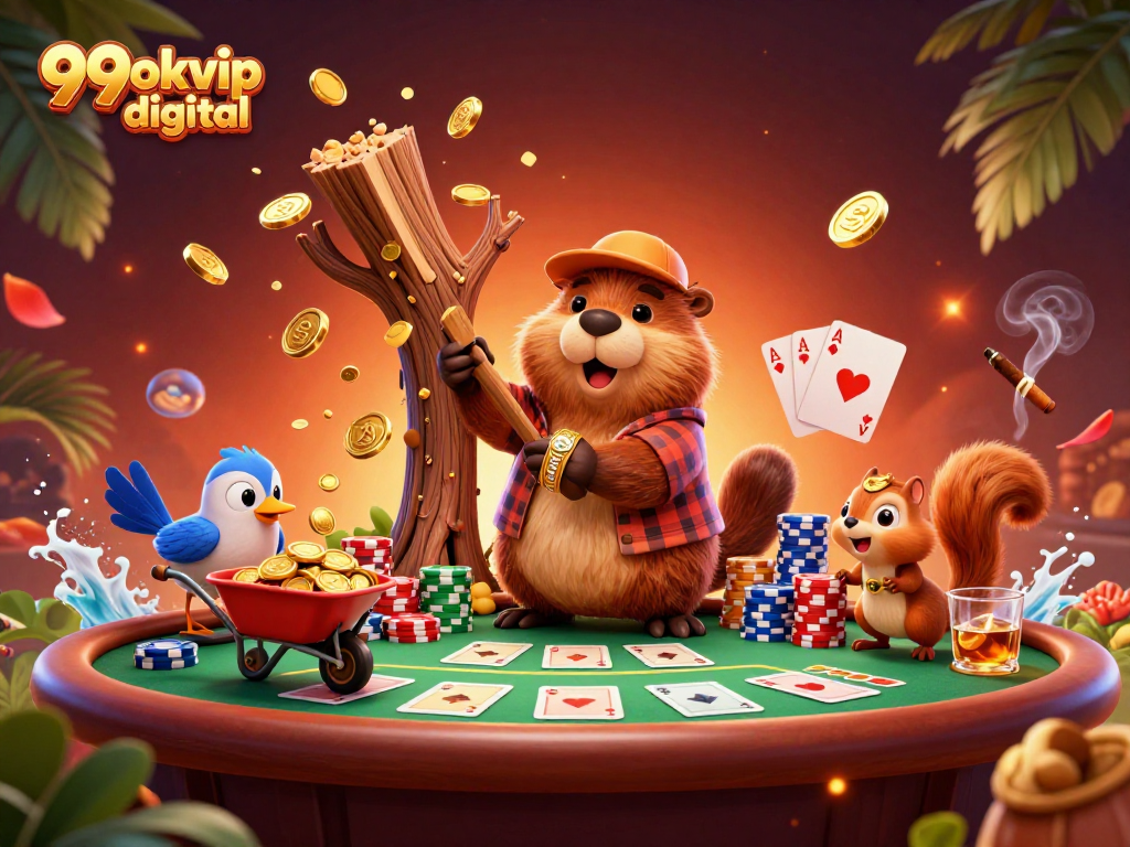 Experience the fun at 99okvip digital with a vibrant 3D casino illustration filled with treasure.