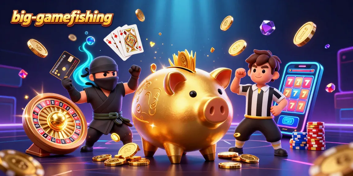 Experience big-gamefishing excitement with a sumo wrestler piggy bank surrounded by vibrant casino elements!