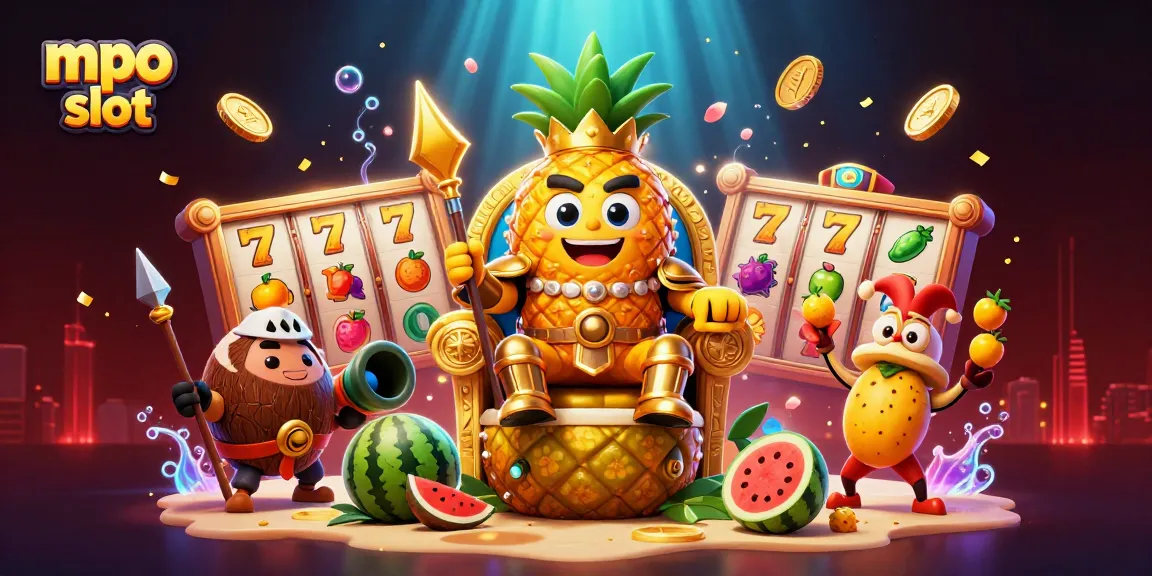 Engage with mpo slot gaming in this vibrant 3D illustration showcasing a golden pineapple king and vibrant slot elements.