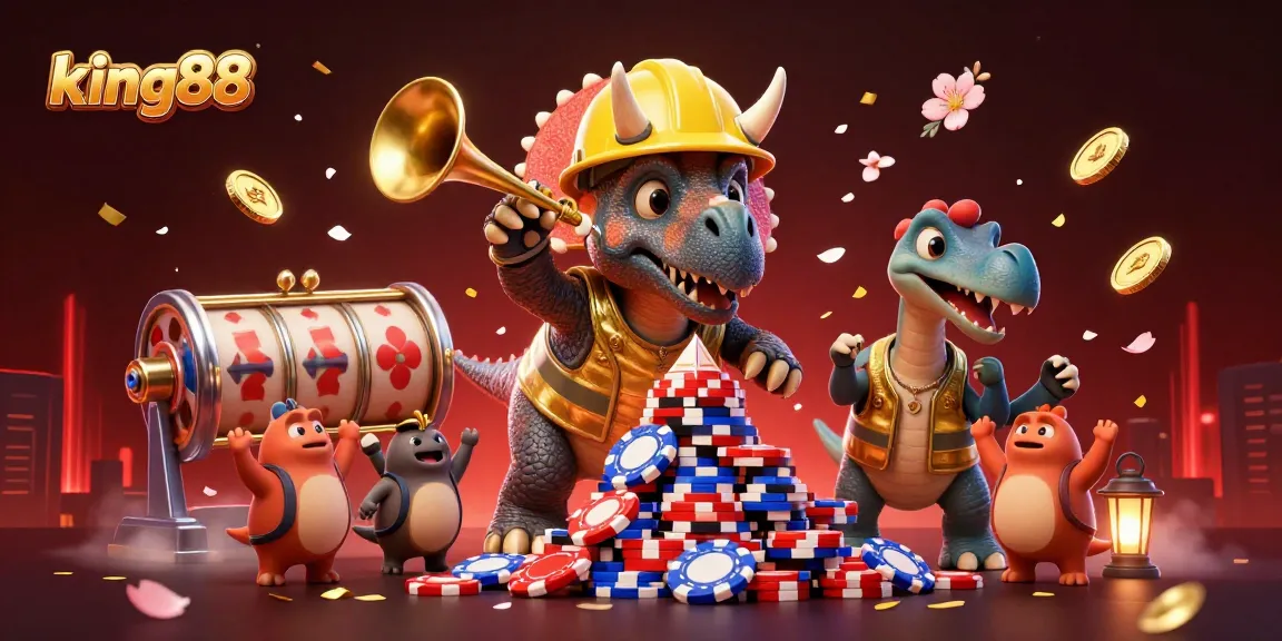 Experience the excitement of king88 with a vibrant 3D illustration featuring a triceratops and casino elements in action.
