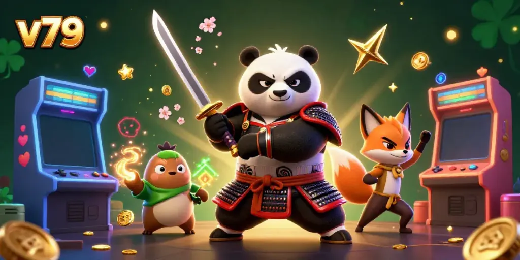 Experience thrilling gameplay with v79 as a panda samurai battles alongside dynamic game elements.