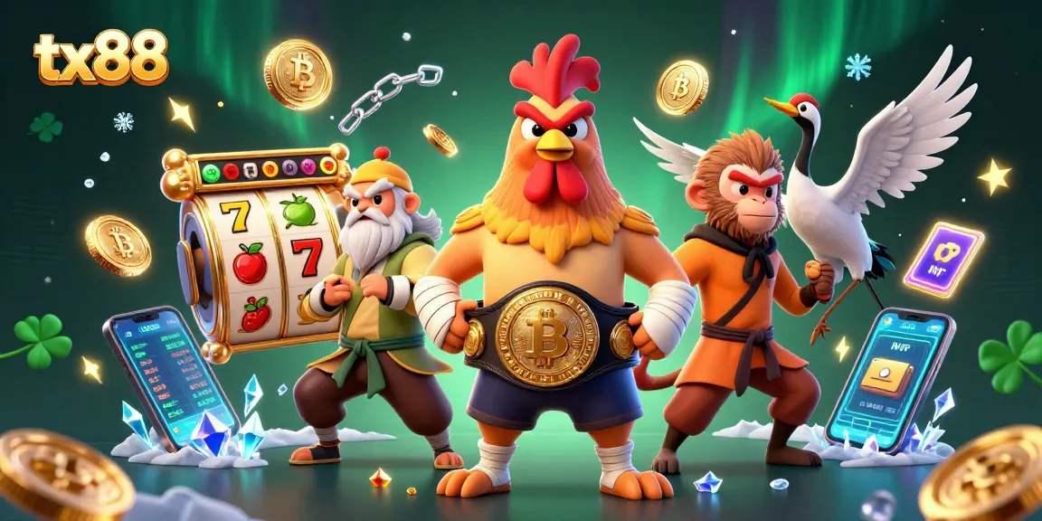Engage with tx88 in a vibrant 3D casino scene featuring crypto coins and dynamic characters.