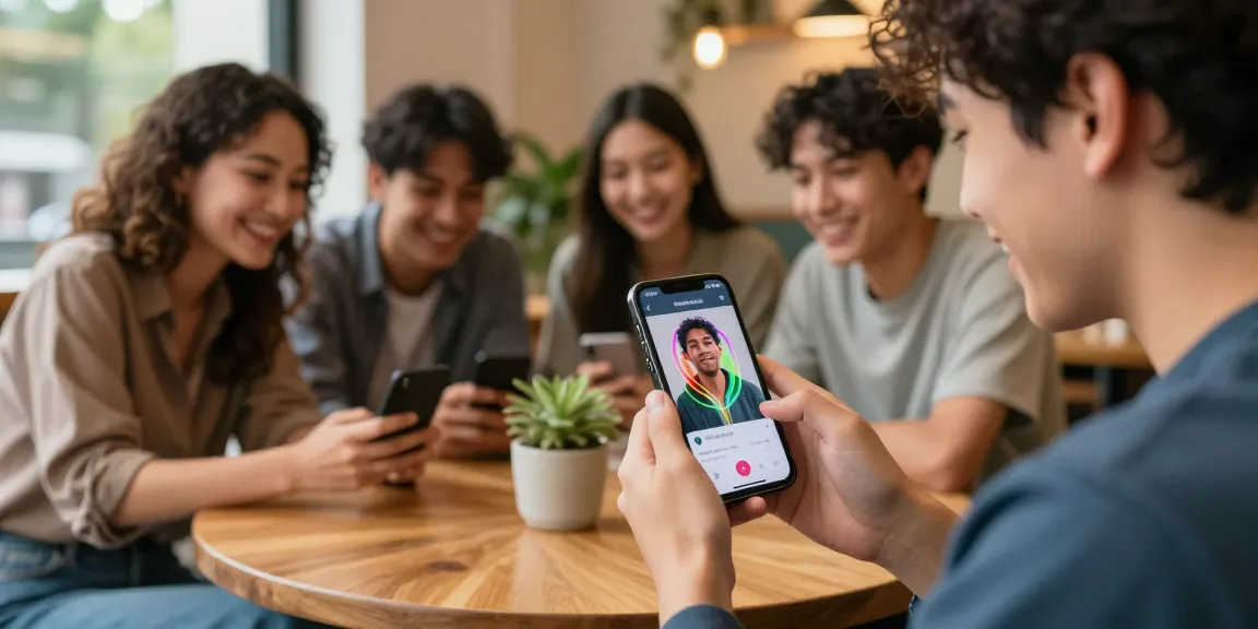 How old do I look? Young adult exploring facial age estimation tech in a cozy café.