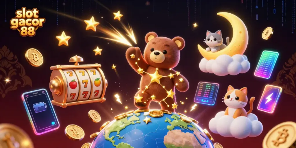 Engage with slot gacor 88 through dynamic 3D illustration showcasing a constellation bear and casino elements.