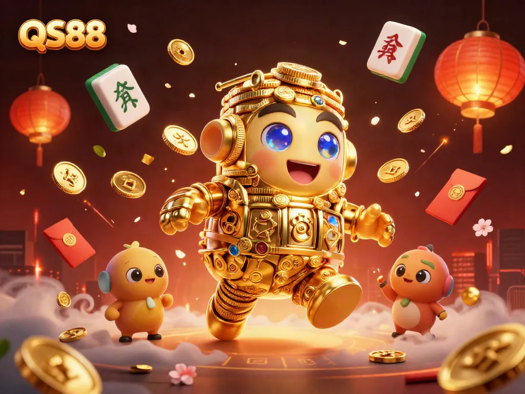 Experience thrilling gameplay with QS88's ancient golden golem amidst a vibrant casino atmosphere.