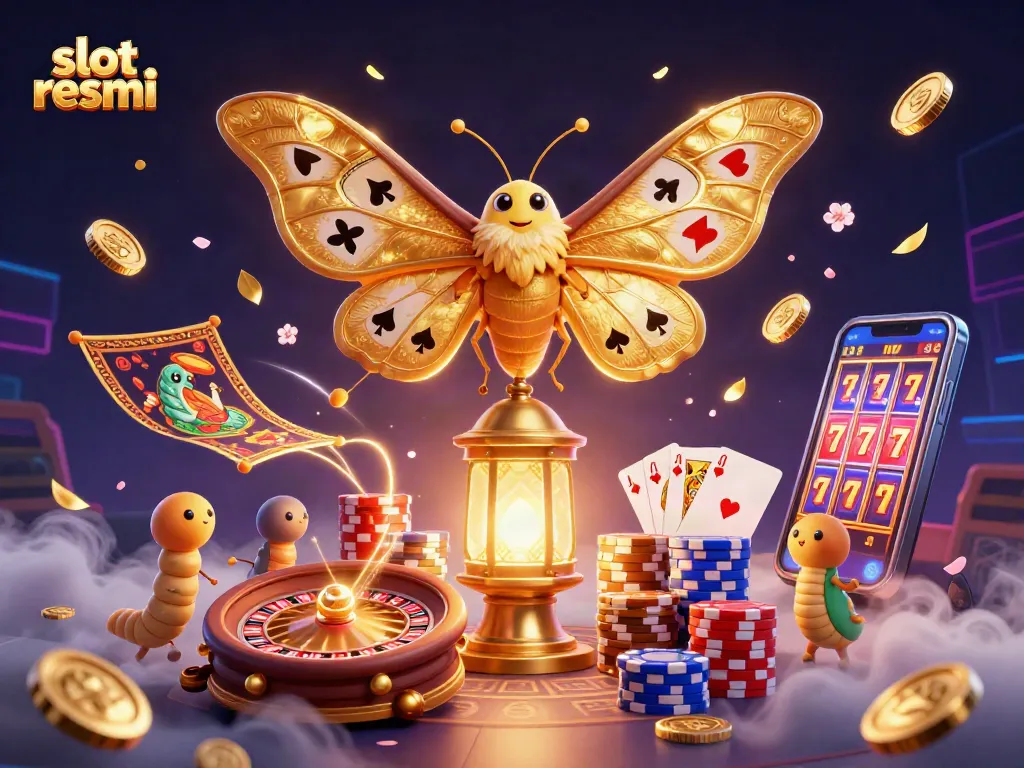 Engage with slot resmi on a vibrant illustrated scene featuring golden moths and casino elements.