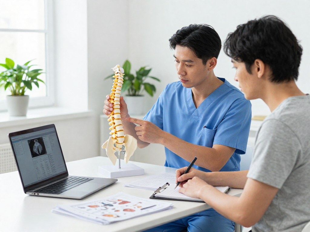 Boyun fıtığı ameliyatı consultation with a surgeon explaining conditions and options to a patient in a clinical setting.
