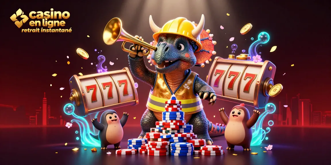 Jouer au casino en ligne retrait instantané avec une scène festive de dinosaures et de jetons de poker.