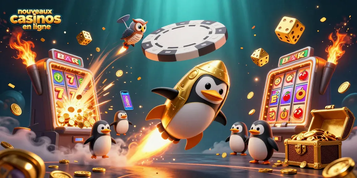 Visualisez les nouveaux casinos en ligne avec un pingouin doré propulsé par fusée, une machine à sous généreuse et un fond captivant.
