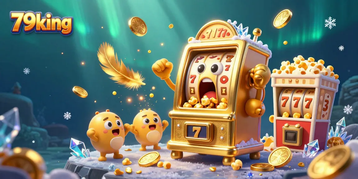 79king slot machine hits jackpot with shocked expression as coins pour out, dynamic casino scene.