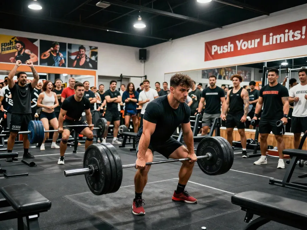 Athlete performing powerlifting in a vibrant gym, showcasing dedication and energy, ideal for comprare steroidi orali.