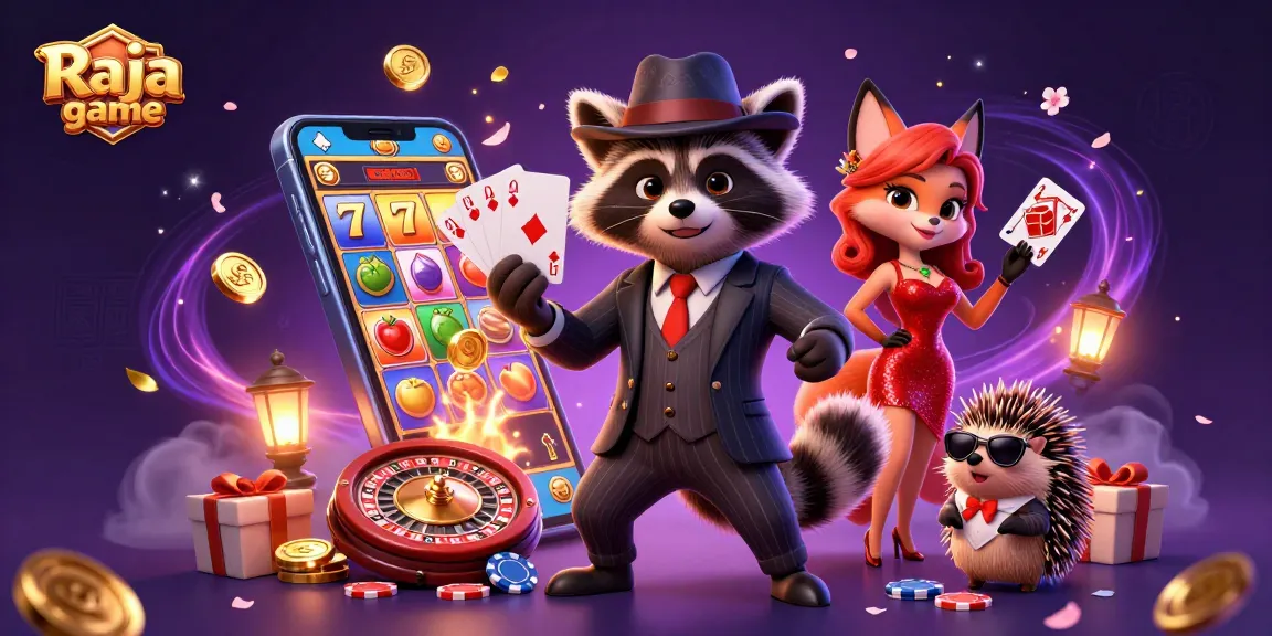 Raja game showcases thrilling moments with a savvy raccoon and dynamic casino elements in vibrant 3D illustration.