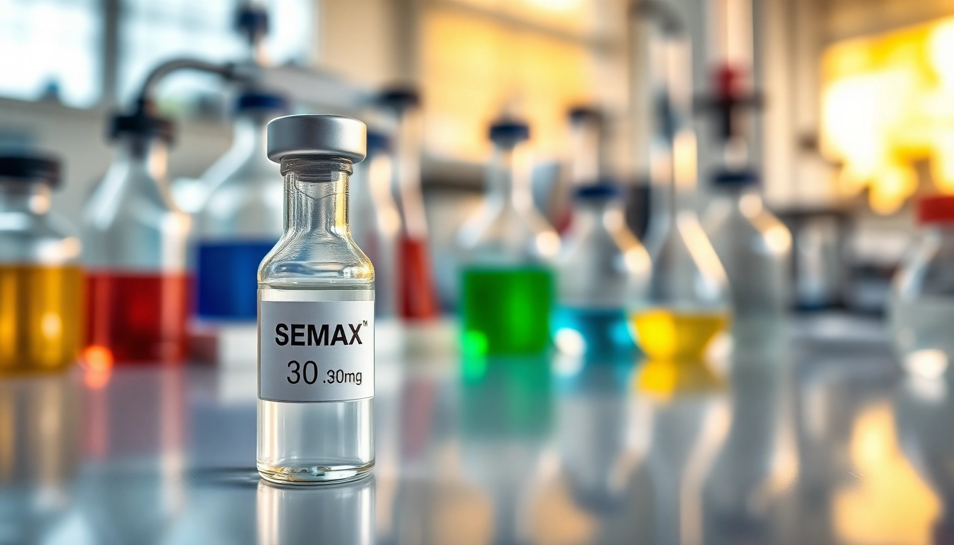 Explore semax 30mg peptide in a professional lab setting with scientific equipment and vibrant solutions.
