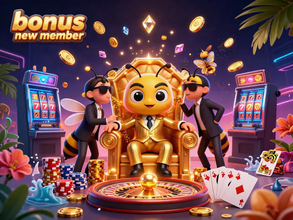 Engage with the bonus new member offers in this colorful, vibrant casino scene featuring cartoon characters and dynamic gaming elements.