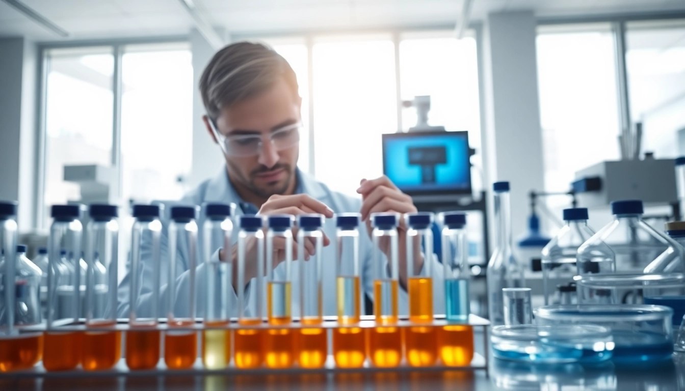 Researcher examining ss-31 50mg peptide samples in a modern laboratory setup.