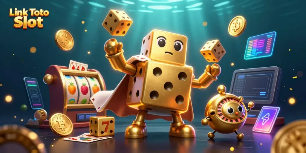 Mengguncang dadu emas dan simbol slot dalam ilustrasi Link Toto Slot yang dinamis.