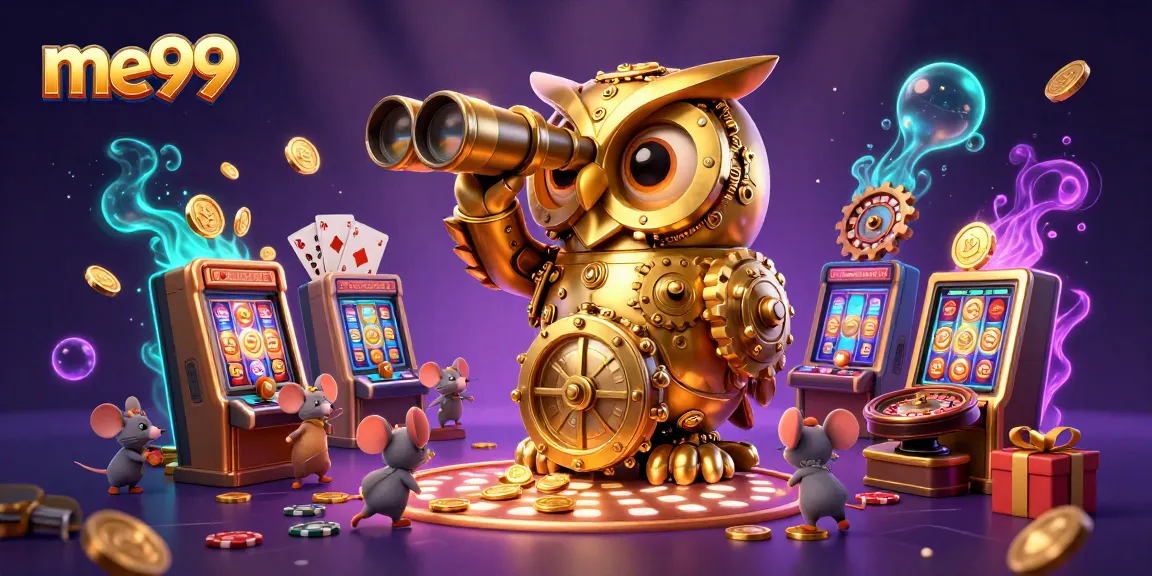 Experience the excitement of me99 casino with a 3D owl and playful mice amongst vibrant gaming elements.