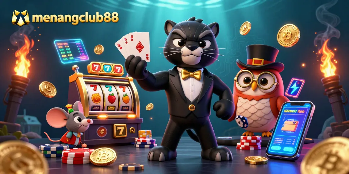 Engage with the dynamic world of menangclub88 as characters play exciting slots surrounded by crypto coins.