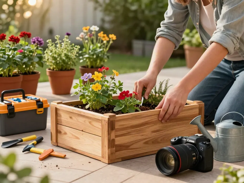 Helpful hints for DIY gardening projects with a person building a wooden planter.