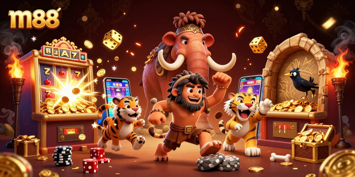 m88 players enjoying a vibrant prehistoric casino scene with lively game elements.