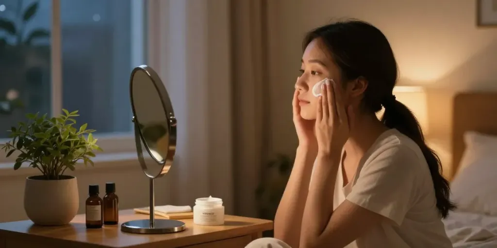 Woman applying Restore Barrier Night Crème with zinc oxide at night.