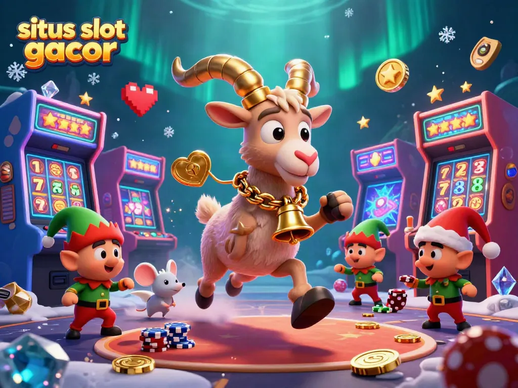 Gambarlah situs slot gacor dengan karakter menyenangkan, mesin slot, dan suasana kasino yang hidup.