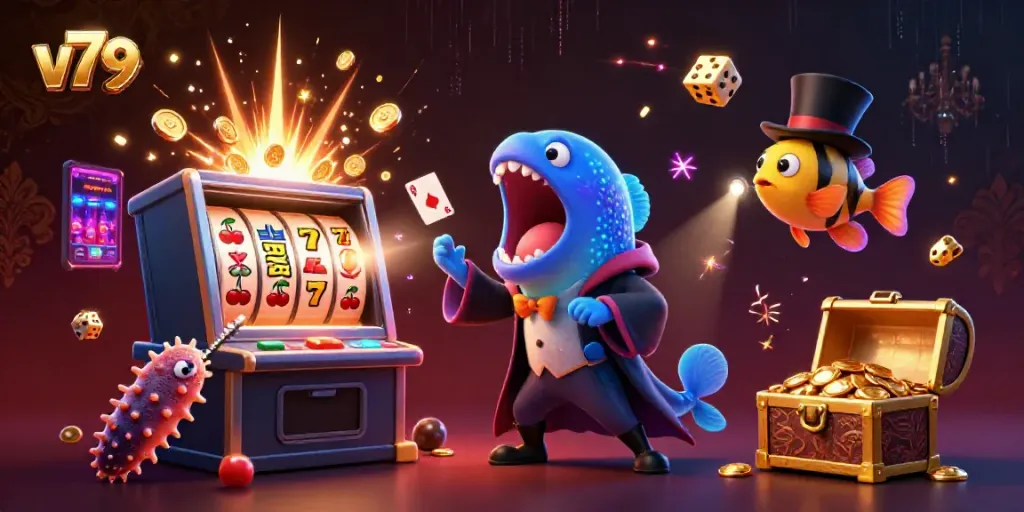 Experience the excitement of v79 with a magical casino scene featuring vibrant characters and thrilling game elements.