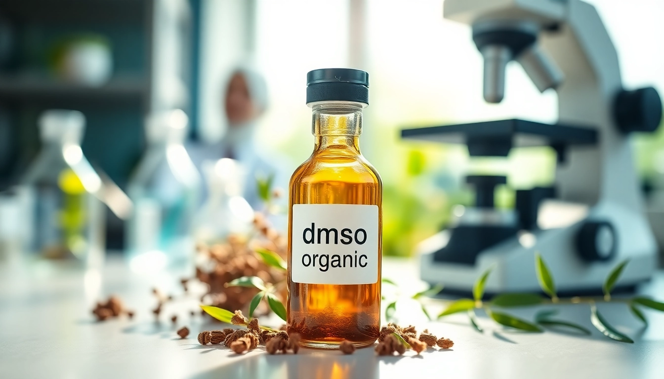 Display of dmso organic in a glass vial with herbs in a professional lab setting.