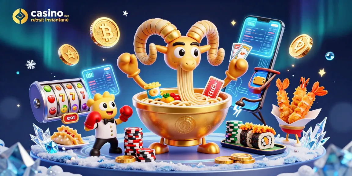Jouez dans un casino en ligne retrait instantané avec une scène colorée mettant en vedette un ramen géant et des éléments de jeu.