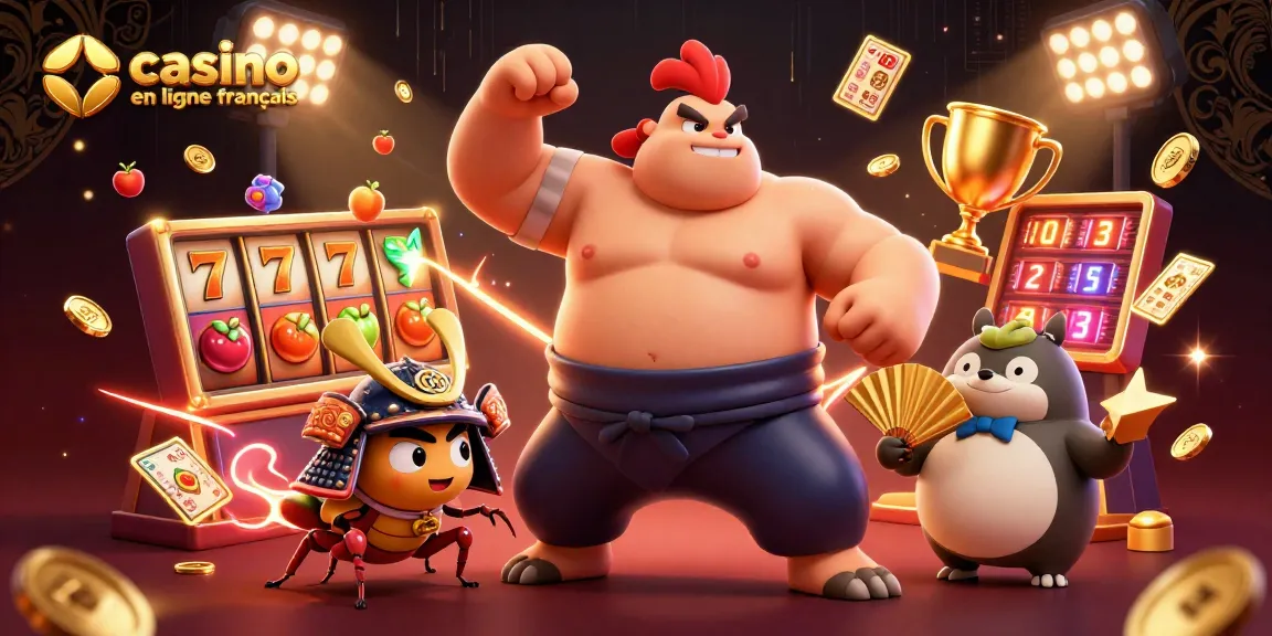 Visuel captivant de casino en ligne français avec un fort coq sumo et un cricket samouraï dans une scène dynamique.