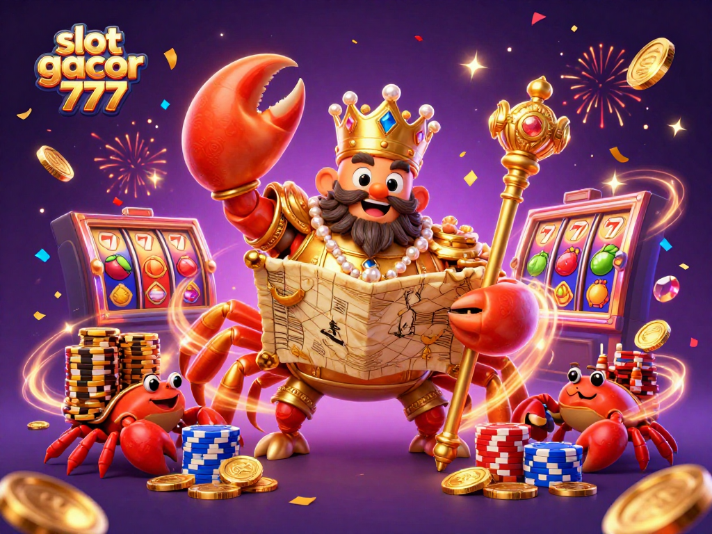 Experience excitement with slot gacor 777 featuring a golden crab emperor in a vibrant casino scene.