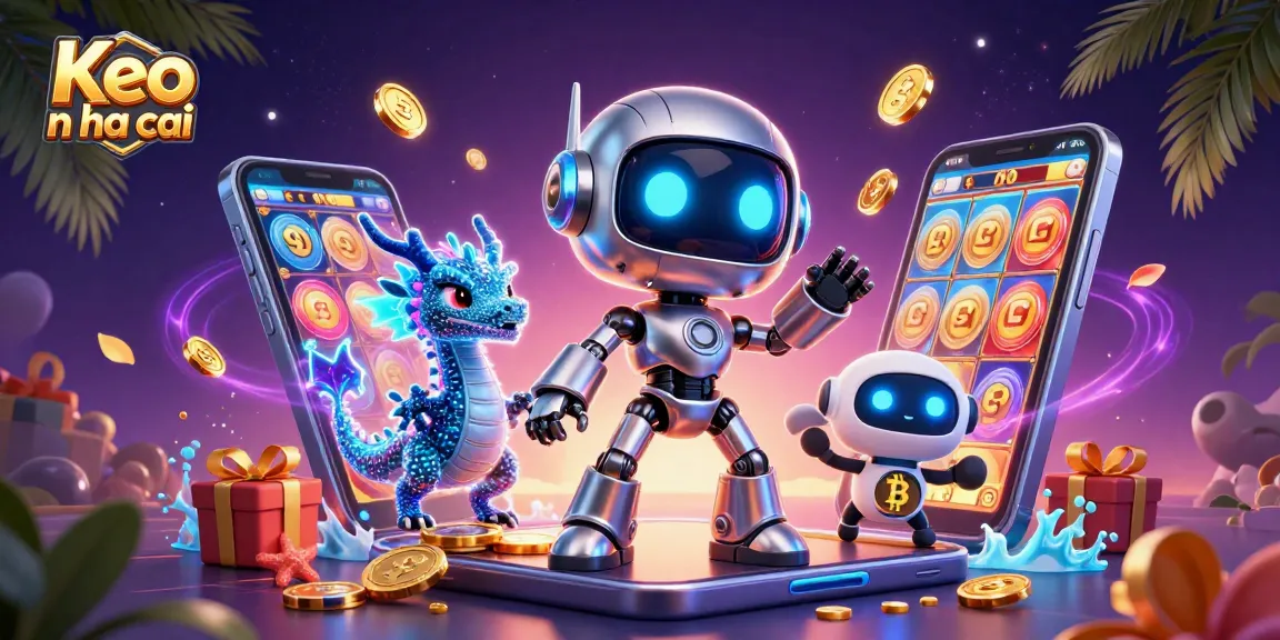 Engage with Keo nha cai's vibrant betting scene featuring a colorful robot, digital dragon, and bitcoin drone.