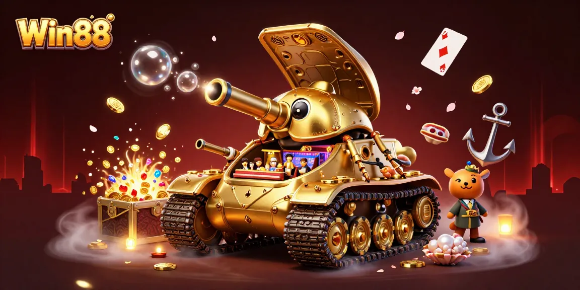 Experience Win88 with an imaginative casino scene featuring a golden beetle tank bursting with excitement and treasure.