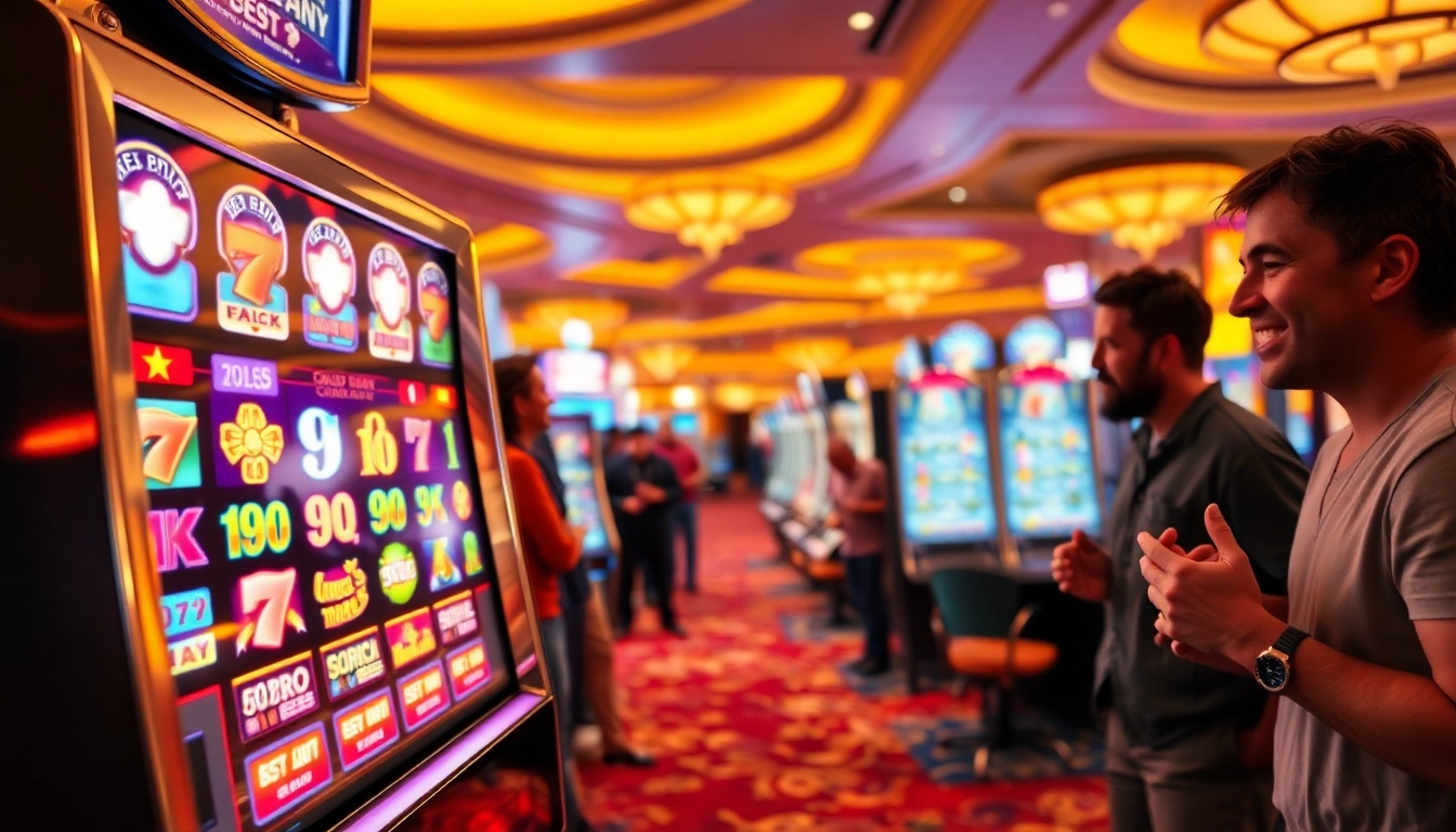 Players enjoying slot gambling at a vibrant casino, highlighted by an exciting slot machine.