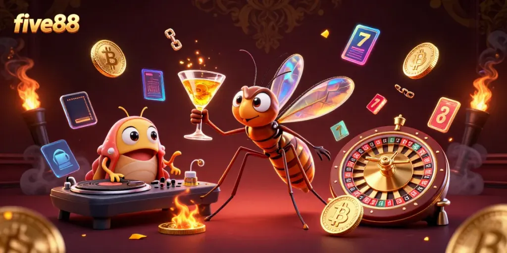 Experience the thrill of five88 as a cartoon mosquito mascot showcases winning cocktails and vibrant casino elements.