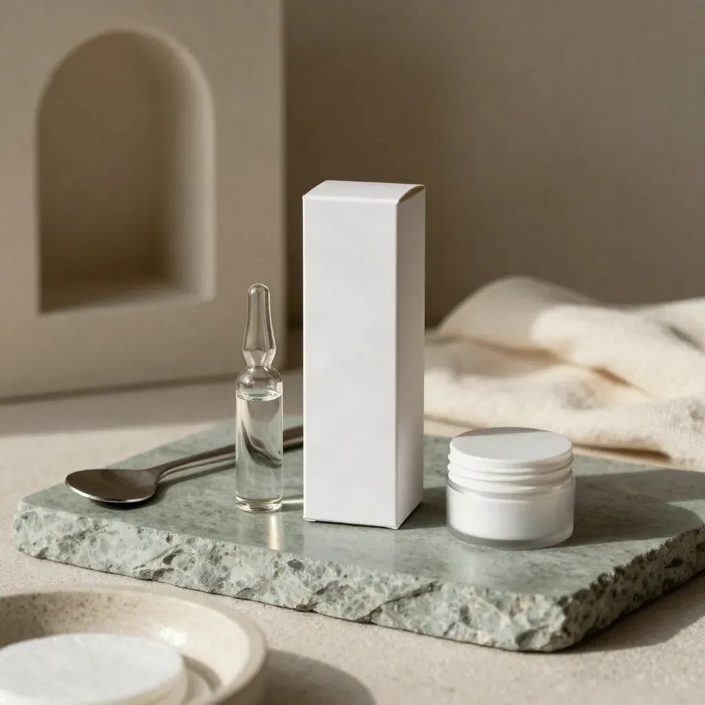 Beauty campaign still life with serum vials, spatulas, cotton rounds, and blank jars on pale stone.