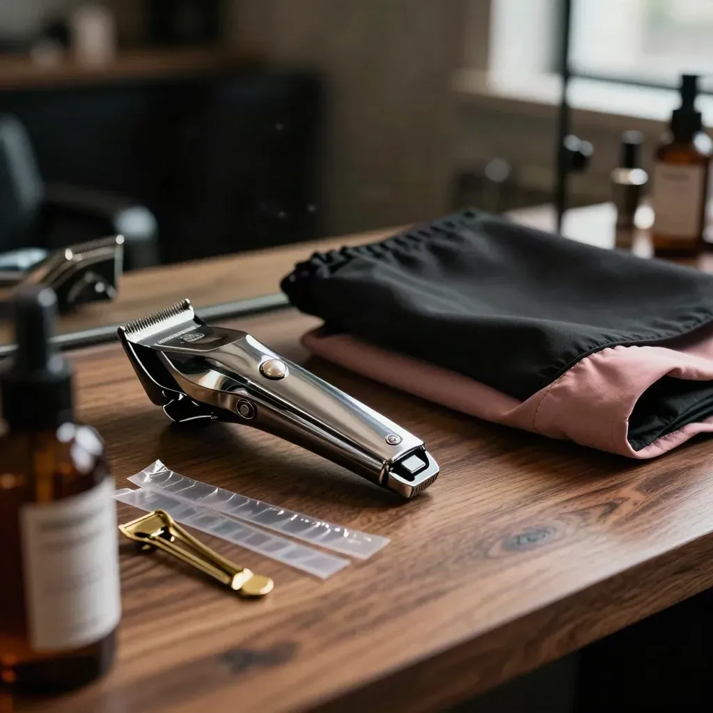 Salon tools—clipper guard, cape, brass clips, and foil strips on a warm walnut counter.