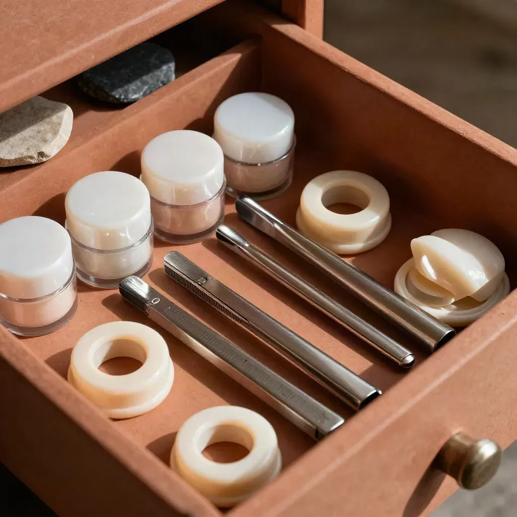 Overhead macro of beauty sample jars, swatch rings, and metal dividers in a tidy archive tray.