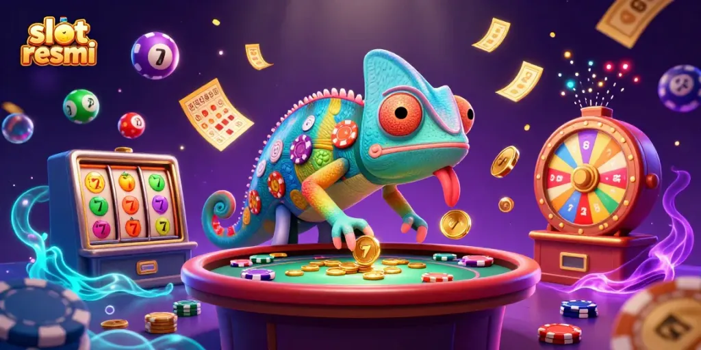 Experience the thrill of slot resmi as the chameleon owner captures golden coins amidst dynamic game elements.