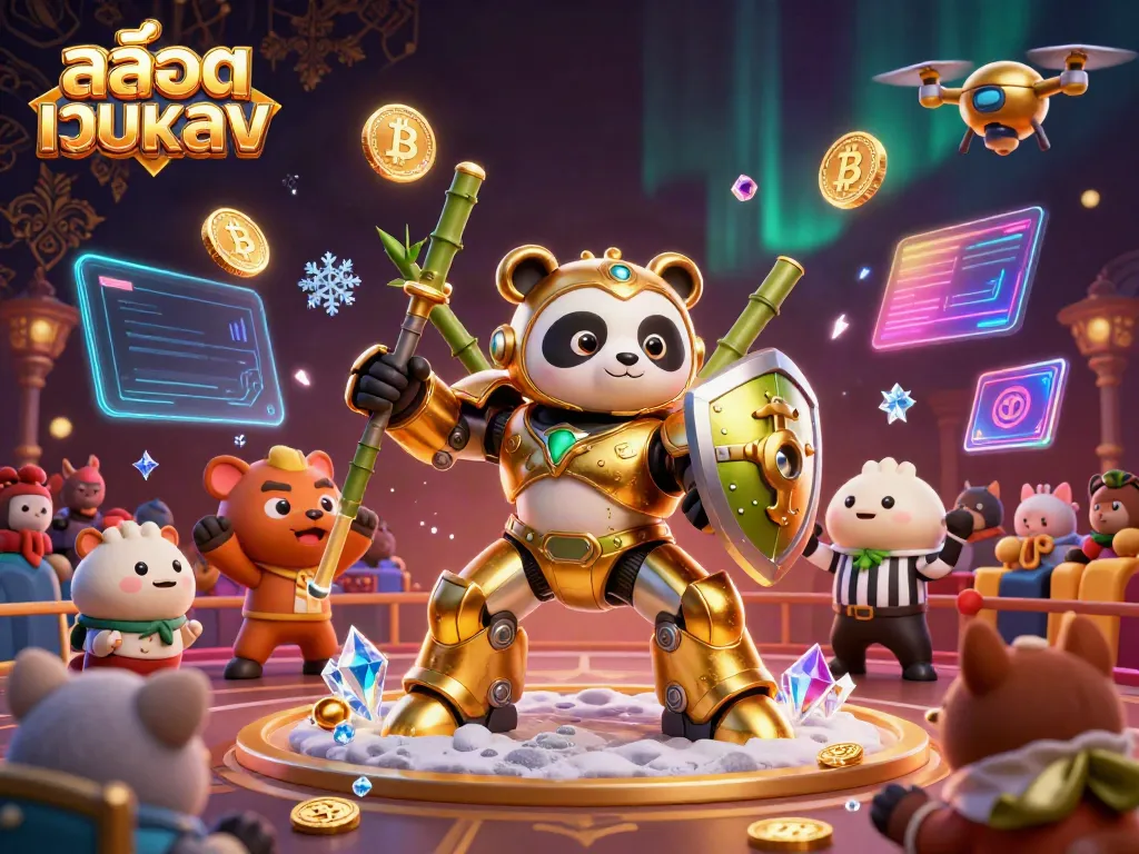 Play exciting สล็อตเว็บตรง with a golden mech-suit panda and dynamic crypto elements.