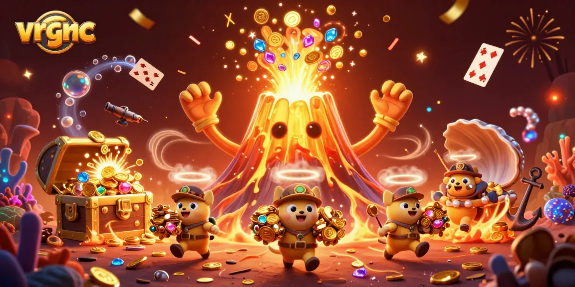 Experience the excitement of vrgnc with a dynamic illustration of a golden volcano erupting treasures.