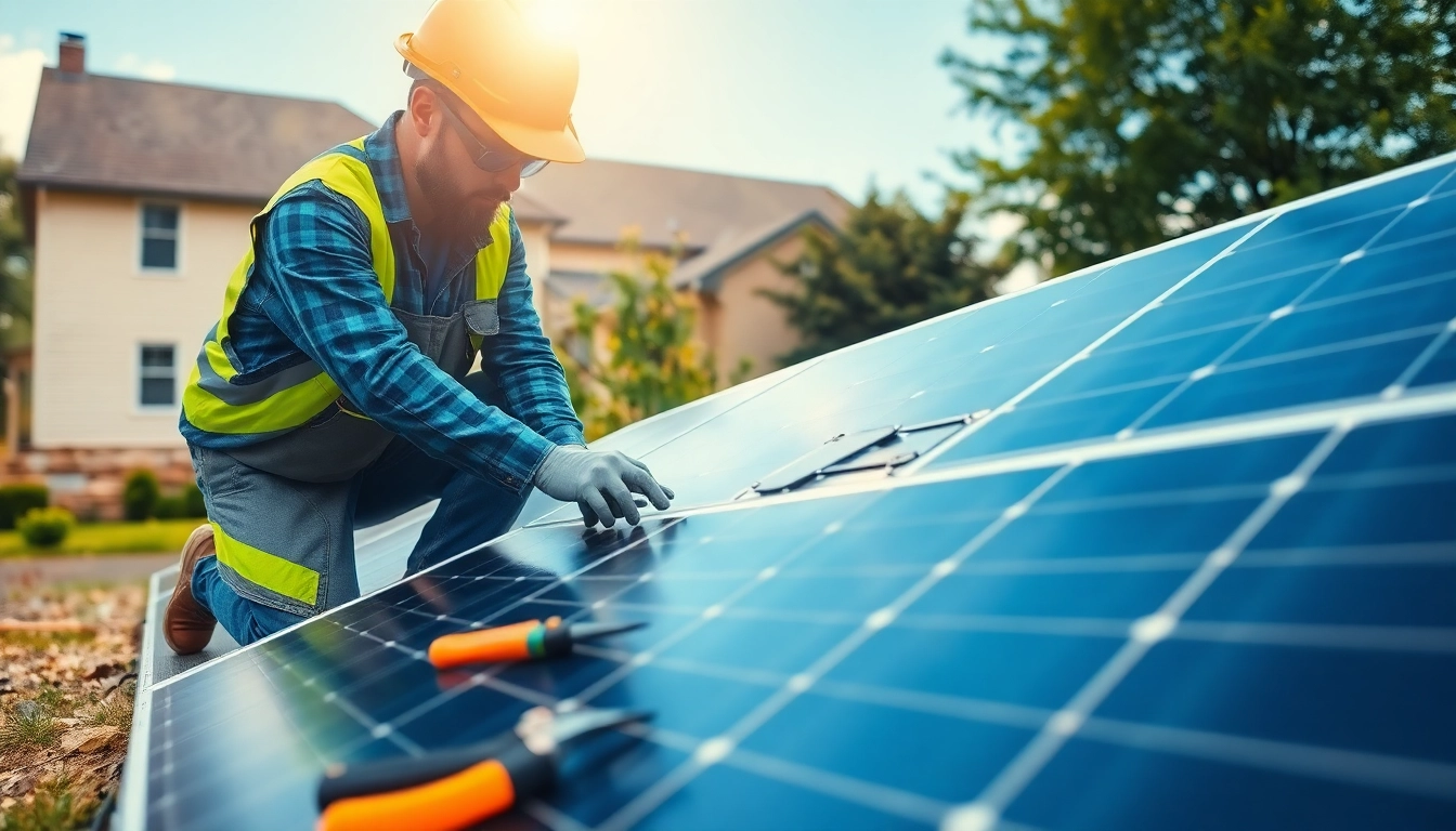 Perform solar panel repair with a technician checking panels and tools in a sunny yard.