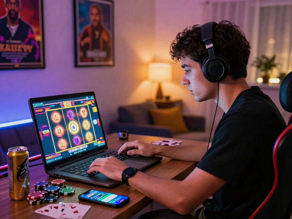 agen slot gaming scene with vibrant graphics and focused player