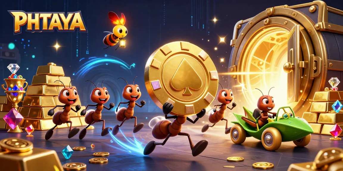 PHTAYA showcases a daring heist scene with ants, a firefly lookout, and a grasshopper driver amidst casino treasures.