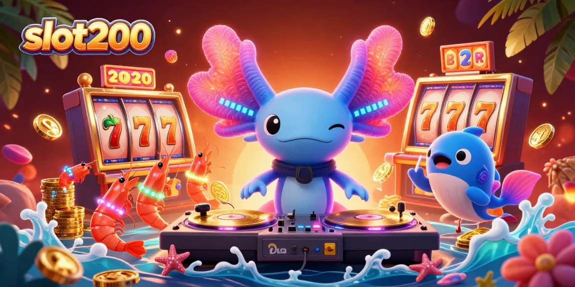 Join the vibrant action at slot200 with a neon axolotl DJ, lively shrimp dancers, and dynamic slot machine elements.