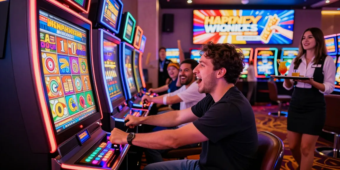 Excited player enjoying เกมสล็อต at a vibrant casino slot machine surrounded by colorful lights and festive atmosphere.
