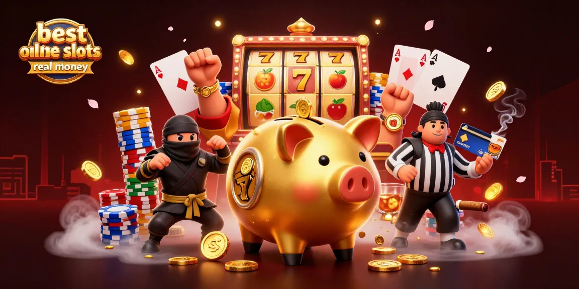 Engage with the best online slots real money in a lively 3D scene featuring a golden piggy bank sumo wrestler.